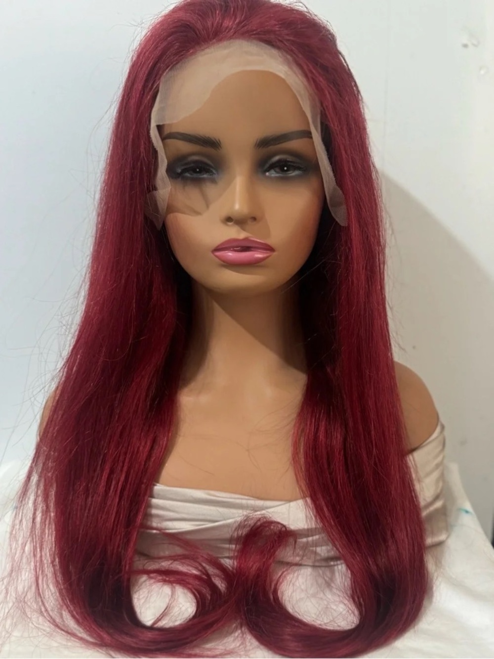 100% Human Hair Burgundy Red Lace Front Wig Long Straight Hair 24 in